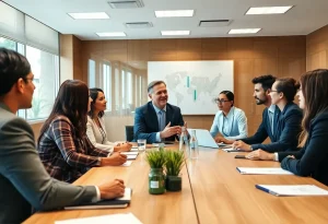 Professionals collaborating in a meeting for economic development in Rhode Island.