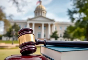 Rhode Island State House with law books and a gavel
