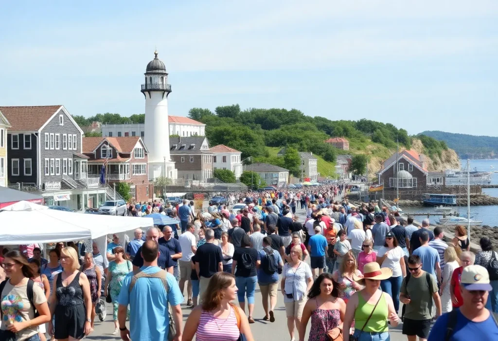 Scenic view of Rhode Island with tourists enjoying attractions