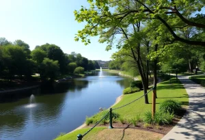 A peaceful scene at Roger Williams Park with greenery and water