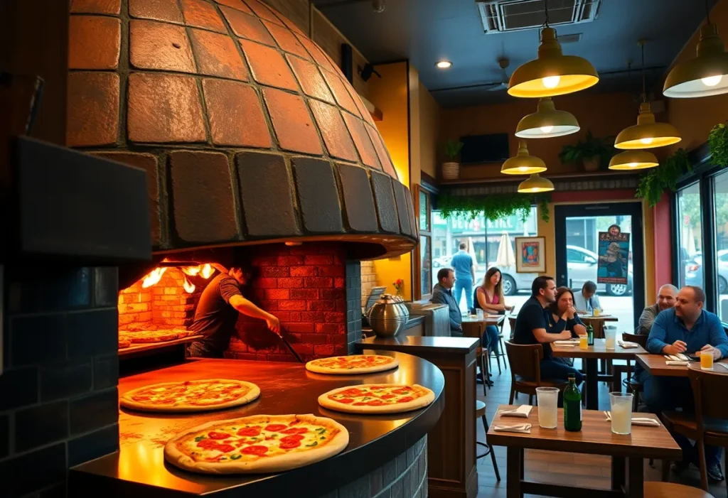 Interior of Sally's Apizza showing pizzas being made in a coal-fired oven