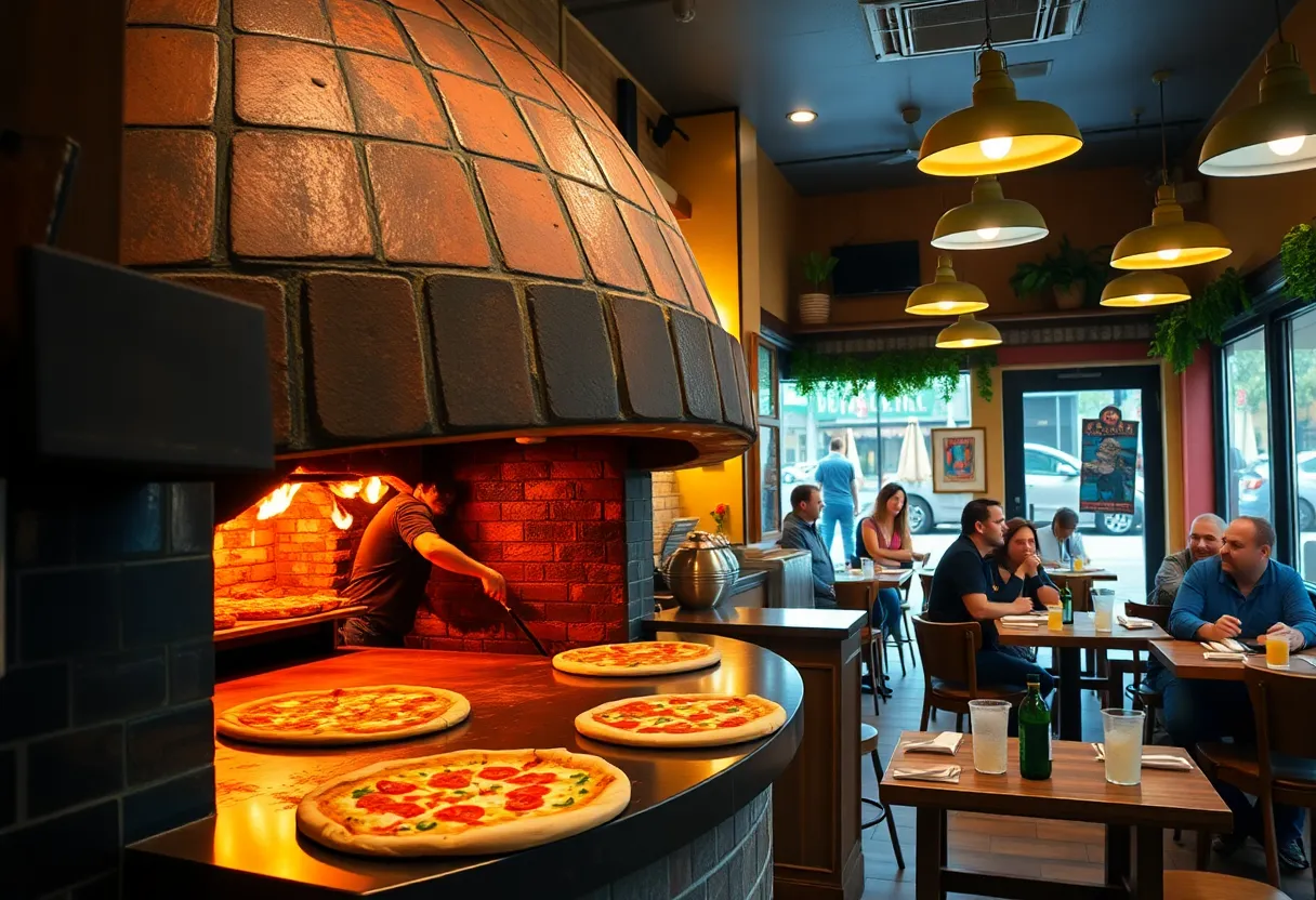 Interior of Sally's Apizza showing pizzas being made in a coal-fired oven