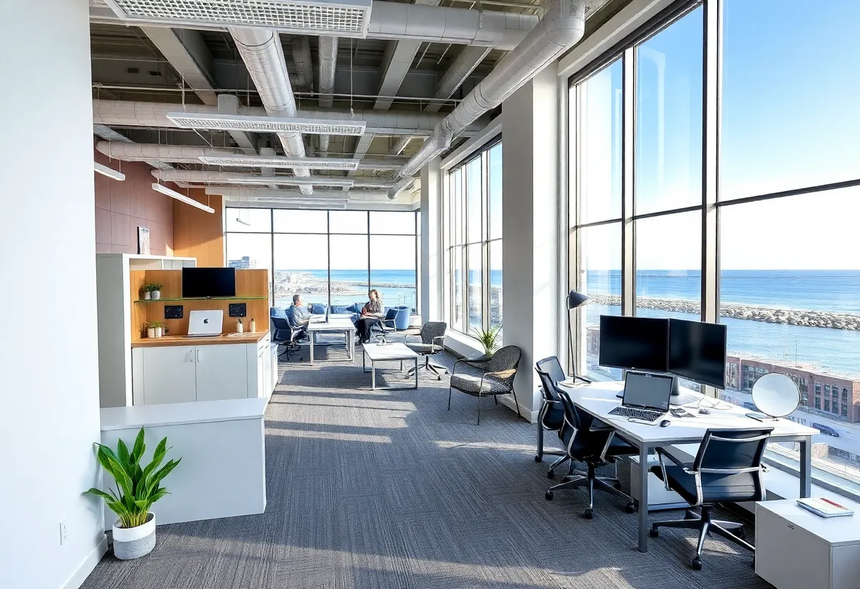 Interior of SERHANT. office in Newport, Rhode Island with scenic views