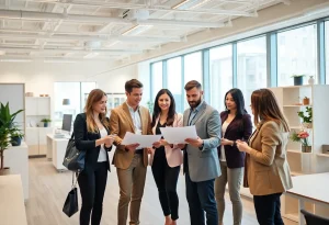 Real estate agents collaborating in a modern office