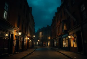 Historic street illuminated at night for a ghost tour in Providence.