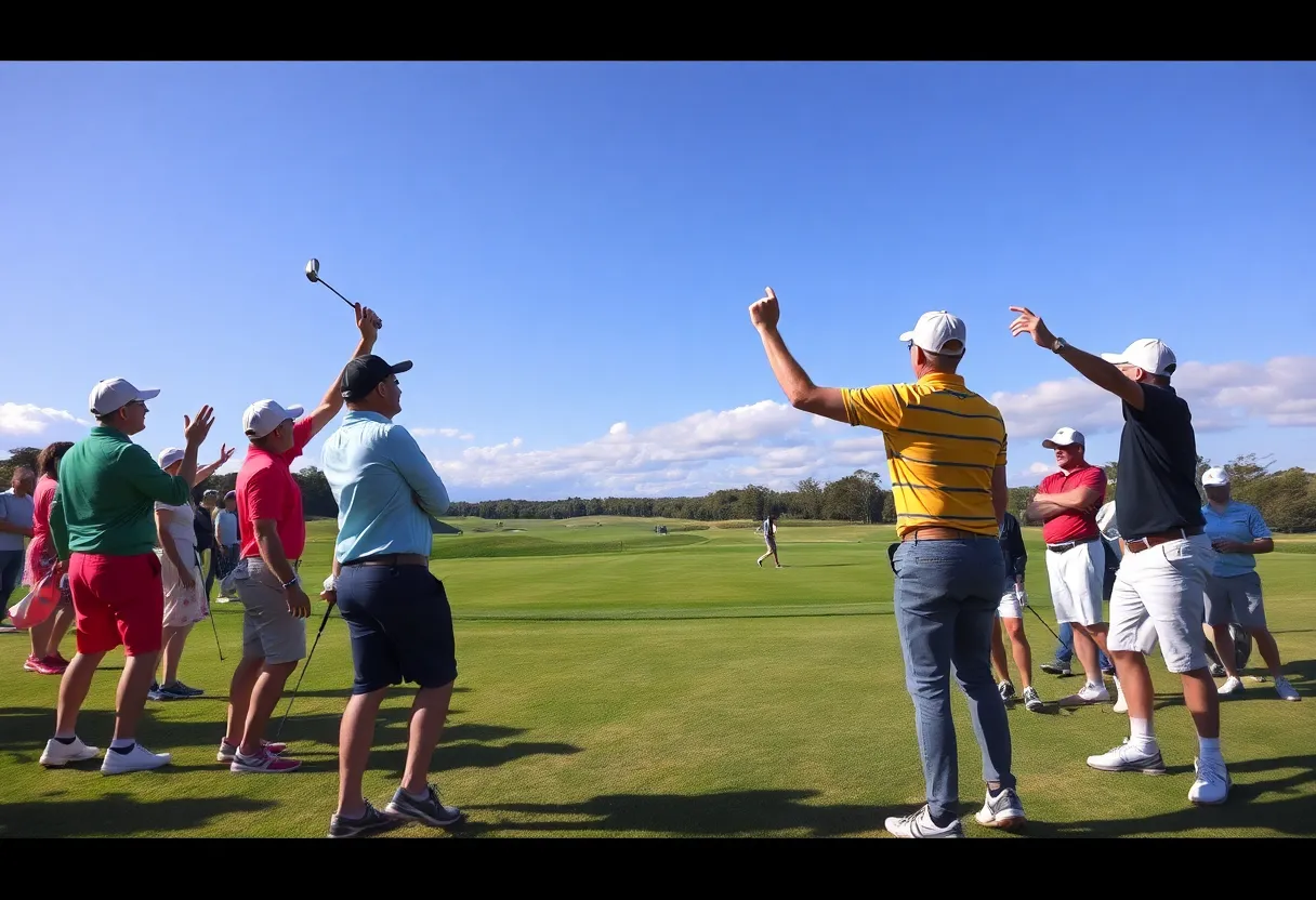 Amateur golfers competing at a scenic golf course event