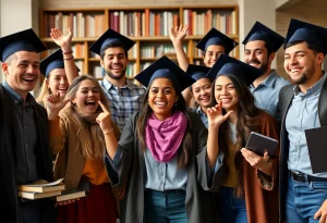 A group of young adults celebrating amidst books and graduation caps