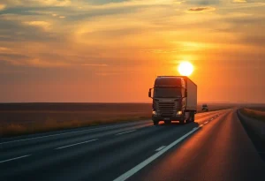 Truck driving into the sunset on an open highway