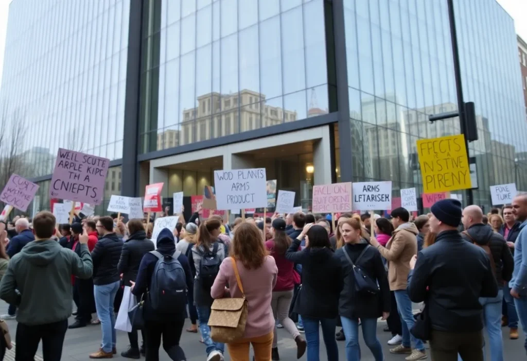 Protesters outside Textron headquarters holding signs