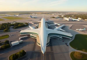 Aerial view of T.F. Green International Airport with busy terminals and planes.