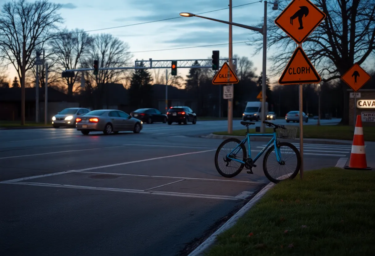 Intersection with caution signs and low light representing a tragic accident site.