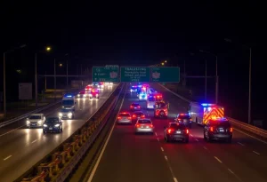 Traffic accident scene with police lights on Interstate