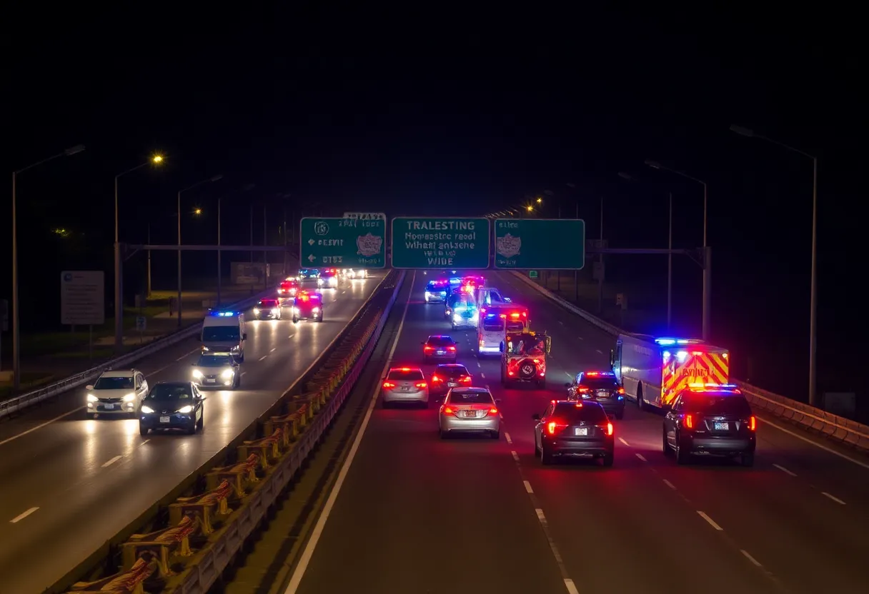Traffic accident scene with police lights on Interstate