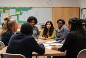 Charter school educators discussing unionization in a classroom setting.