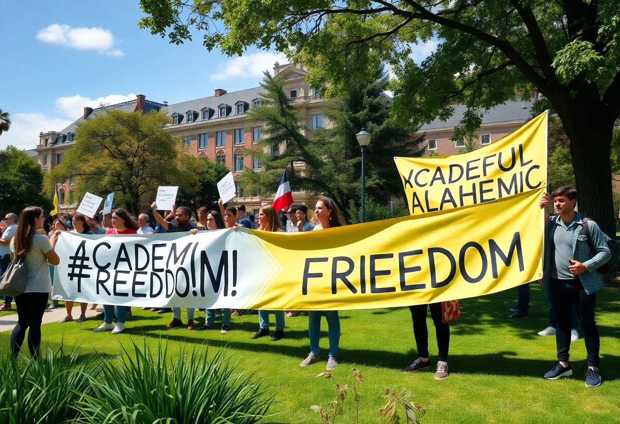 Students on university campus advocating for academic freedom with banners.