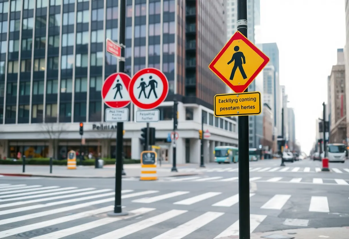 Busy urban intersection with crosswalk and traffic signs