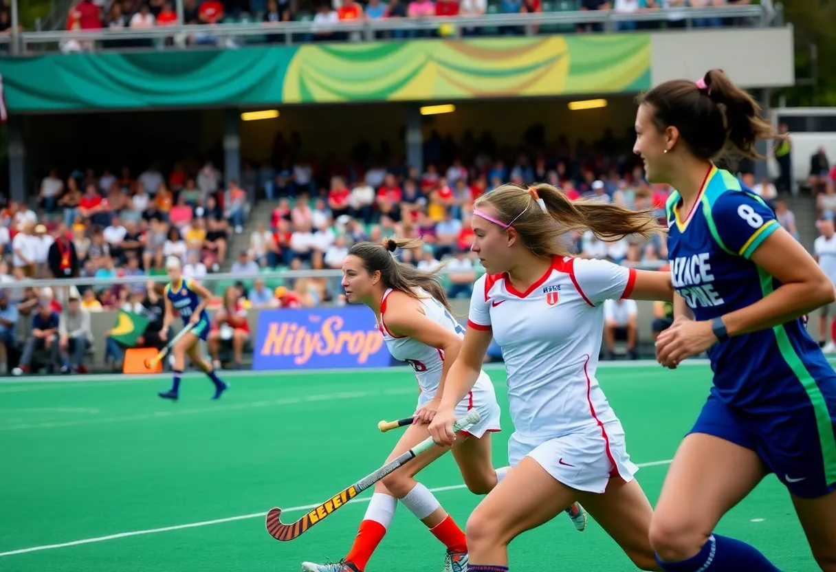 Players from the University of Vermont field hockey team playing during a match