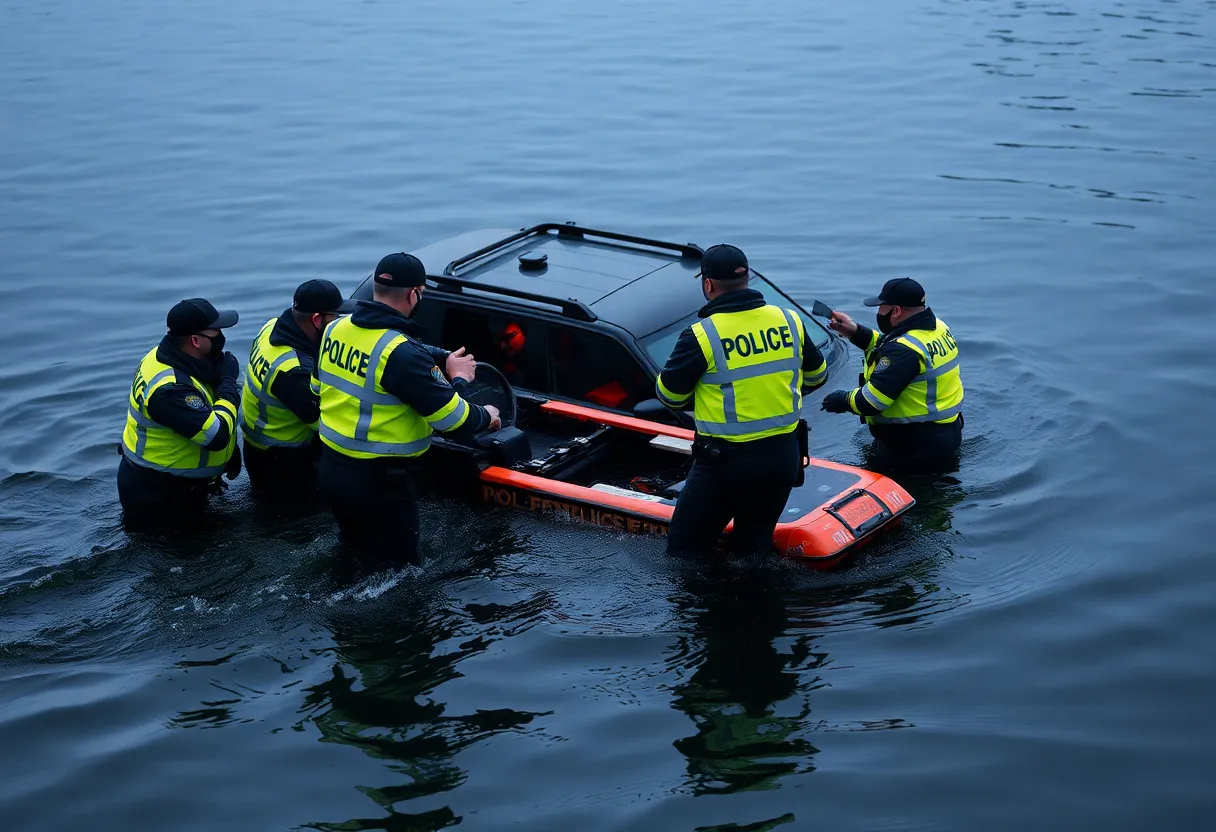 Police officers rescuing a submerged vehicle occupant in Warwick