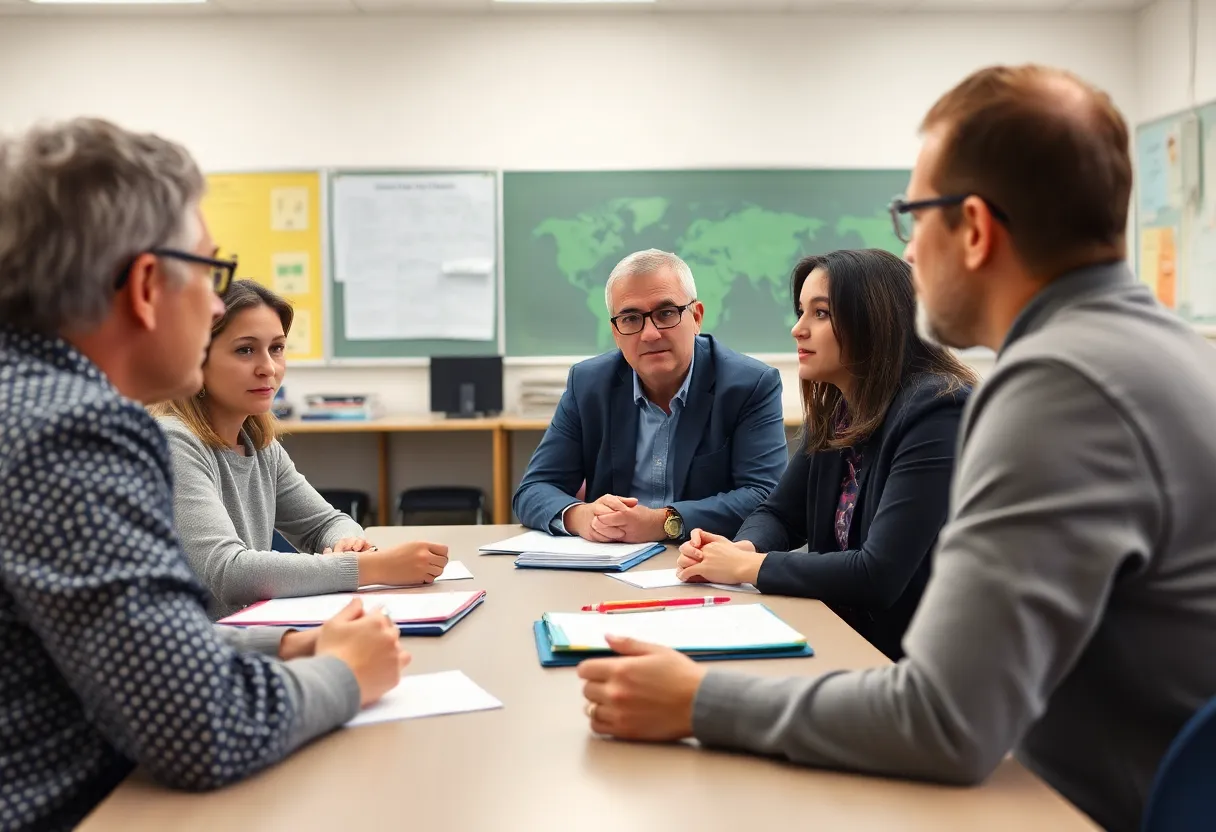 Parents discussing concerns about Warwick school principal in a classroom