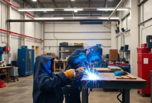 Welding workshop with safety measures in place for educational purposes