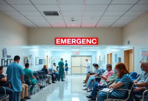 Busy emergency room at Westerly Hospital with patients waiting