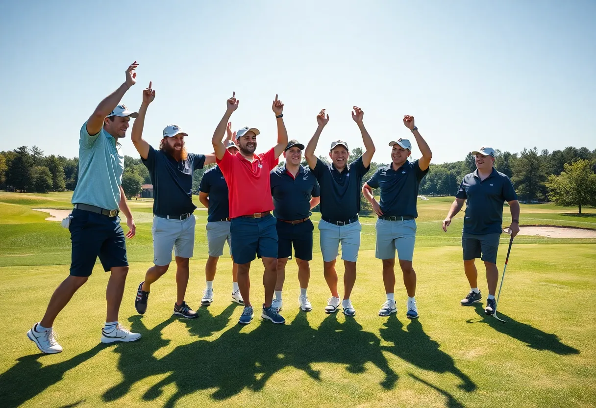 Wheeling Men's Golf team celebrating on the golf course