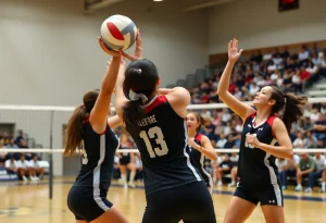 Women's volleyball players in action during a competitive match.