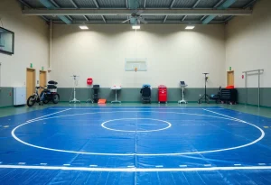 Empty wrestling mat next to medical equipment, representing health awareness in athletics