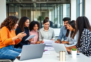 A group of young professionals collaborating in an innovative workspace focused on combating financial fraud.