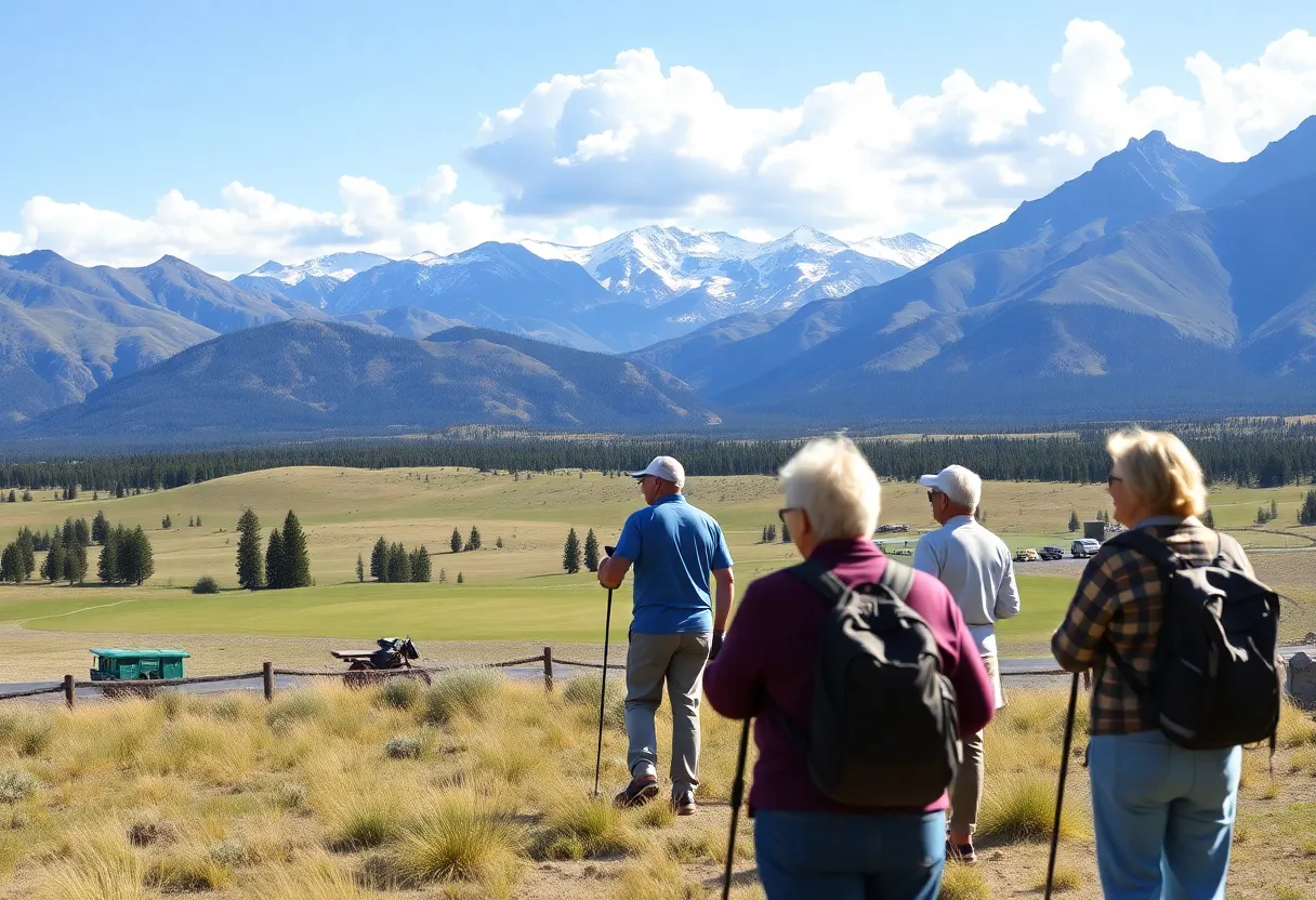 A picturesque view of Montana with mountains and retirees enjoying nature.