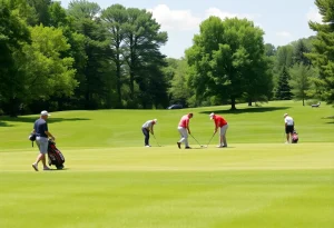 A scenic view of Agawam Hunt Golf Course with players on the course