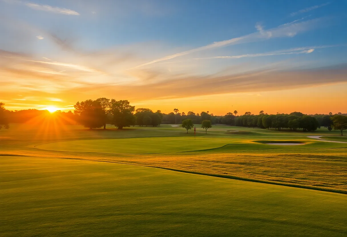 A peaceful golf course at sunset symbolizing community and remembrance.