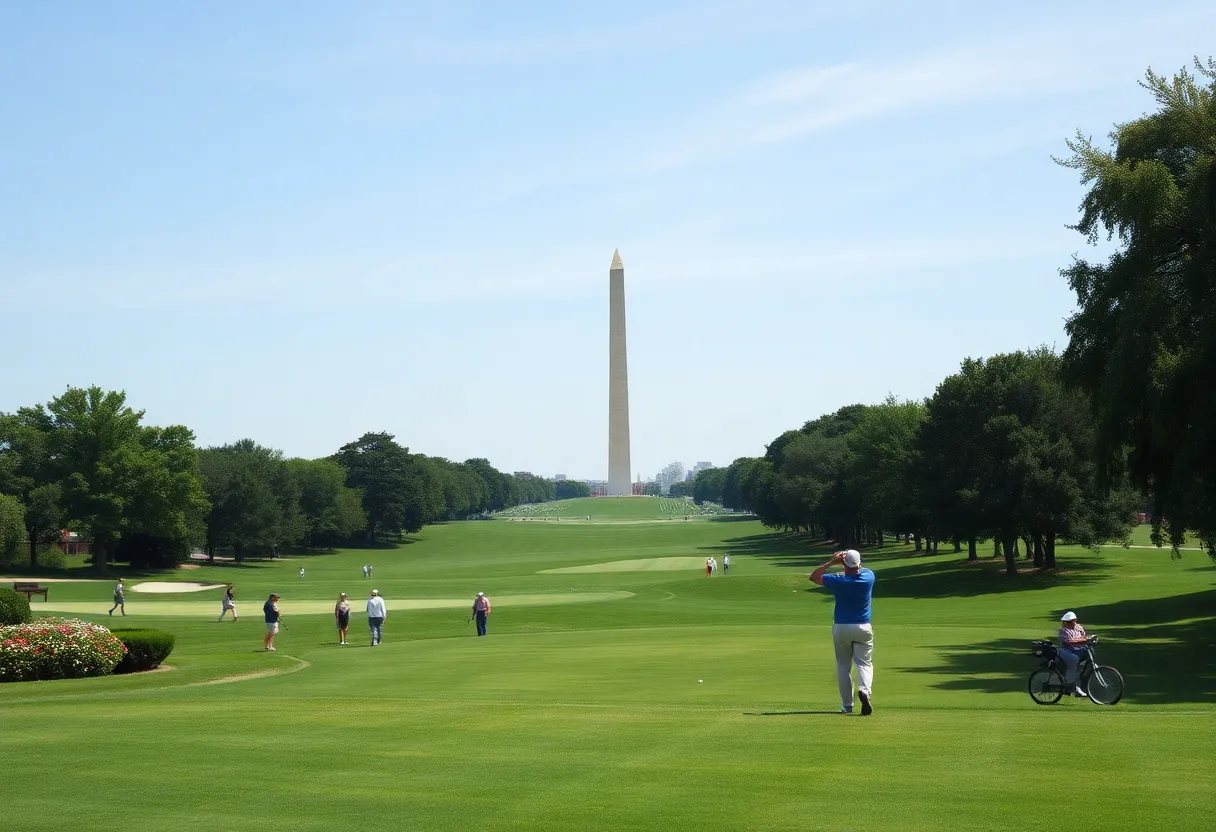 Golfers playing at East Potomac Golf Links with the Washington Monument in the backdrop.