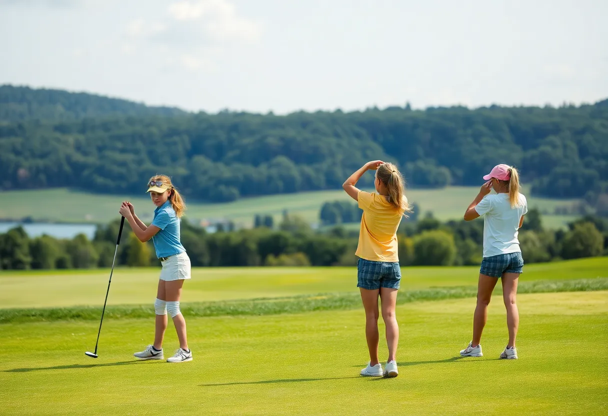 Young female golfers practicing on the course at Norwich Free Academy.