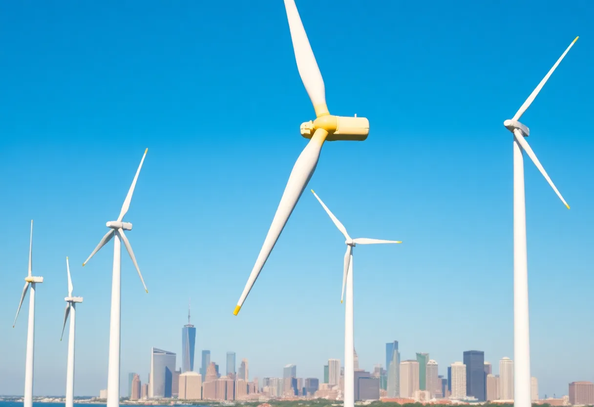 Offshore wind farm with wind turbines in New York City