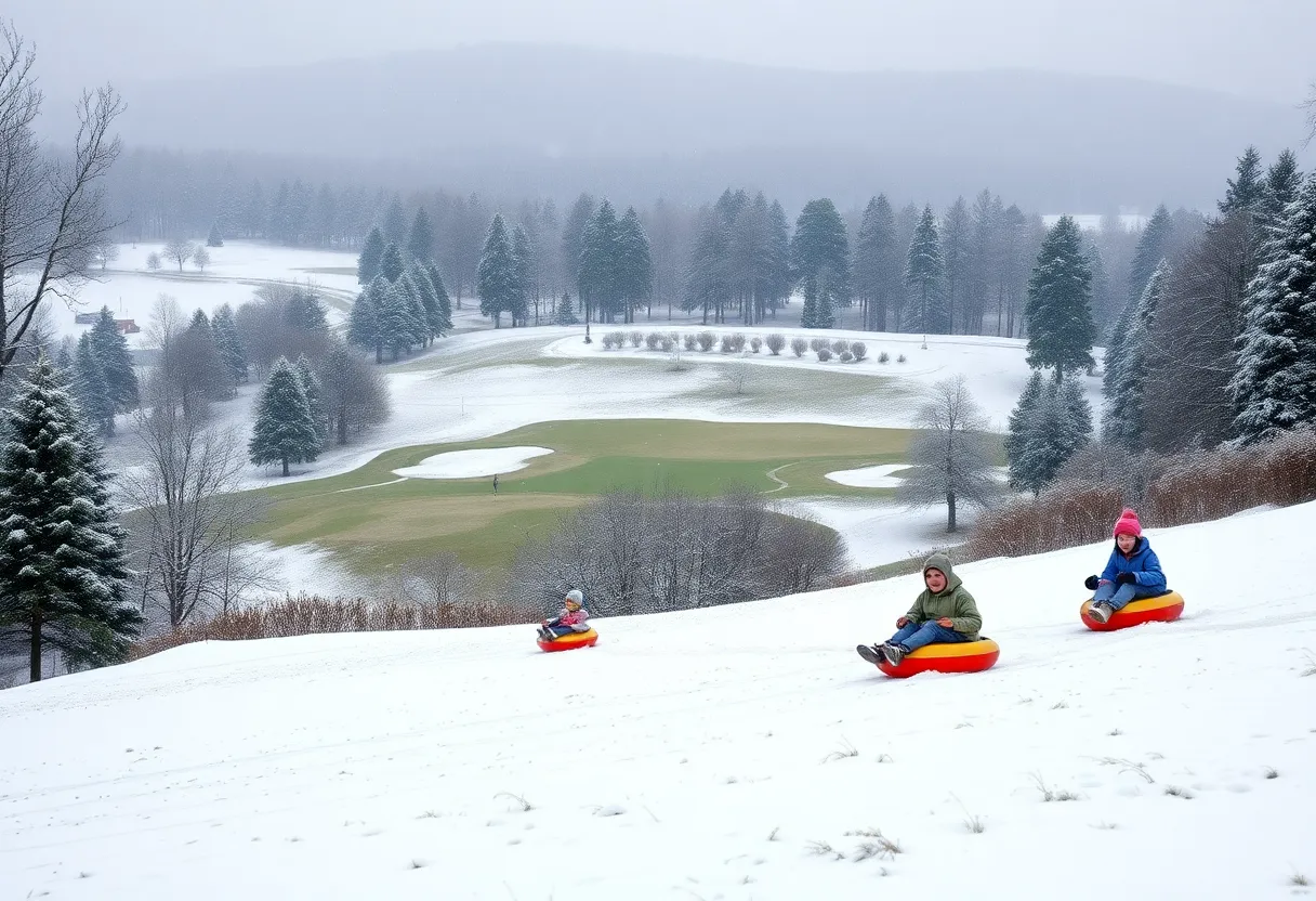 Families sledding down a snowy hill at Richter Park Golf Course