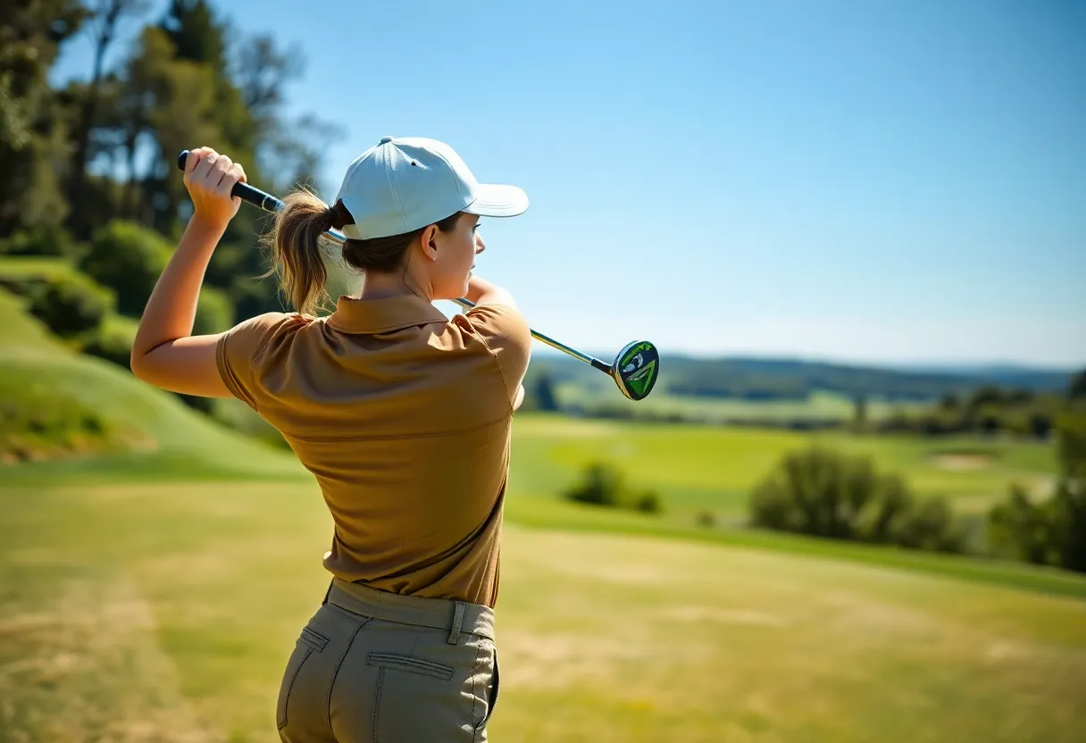 Young female golfer practicing her swing on a beautiful golf course.