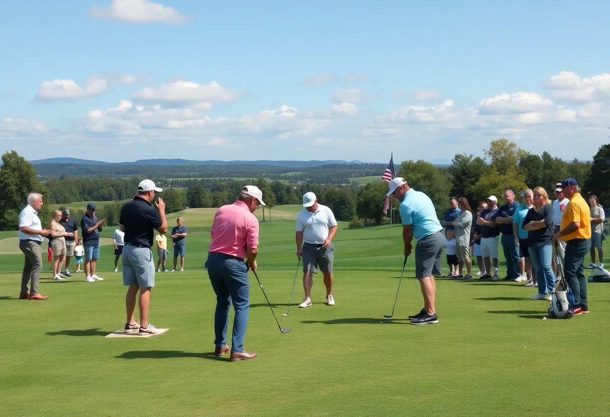 Golfers participating in a charity event at a scenic golf course.