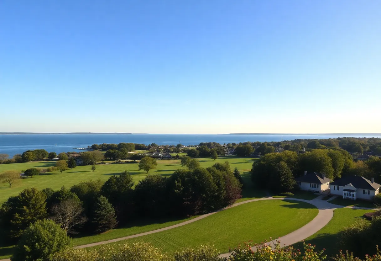 View of Geneva-on-the-Lake, showcasing golf courses and the serene waters of Lake Erie.