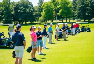 Participants at a golf course turf management event with green grass and golf carts