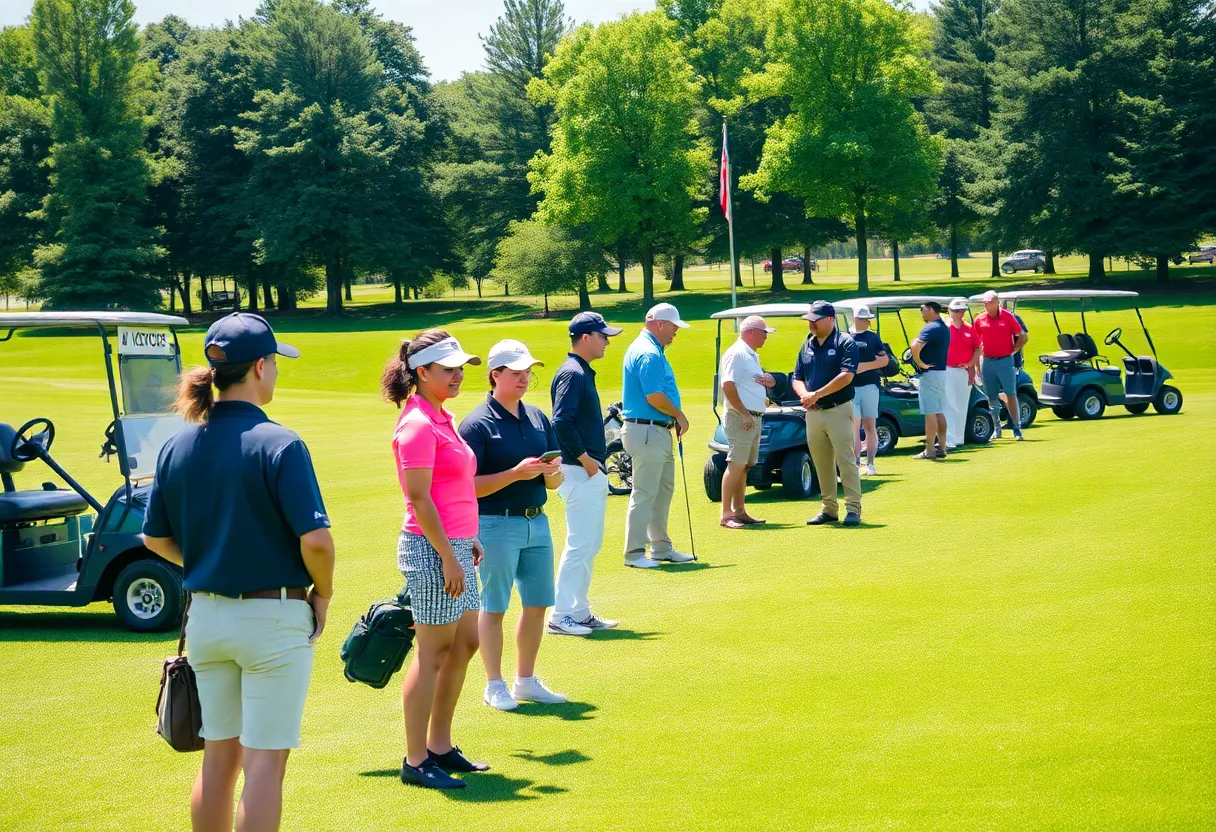 Participants at a golf course turf management event with green grass and golf carts