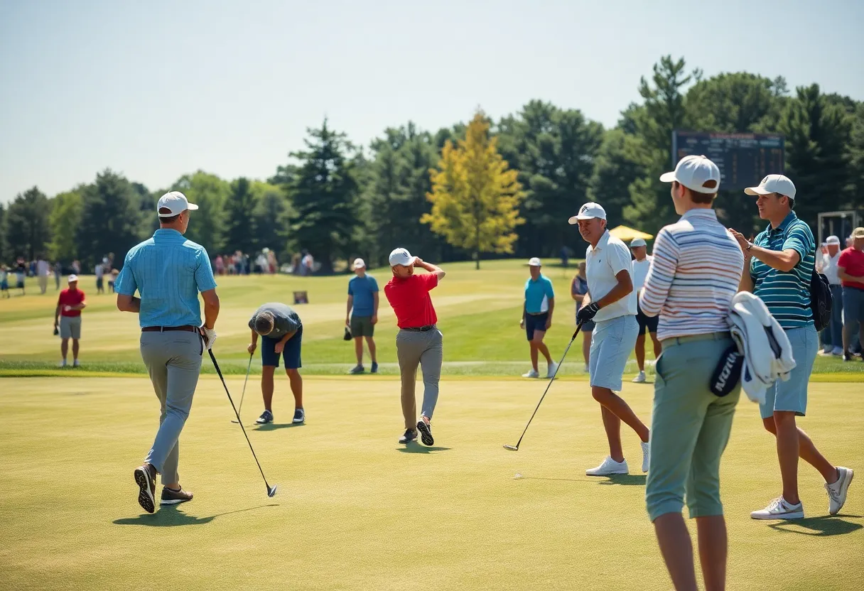 Players on a golf course at a collegiate tournament
