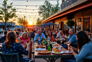 Outdoor dining in Newport, Rhode Island, with families enjoying meals