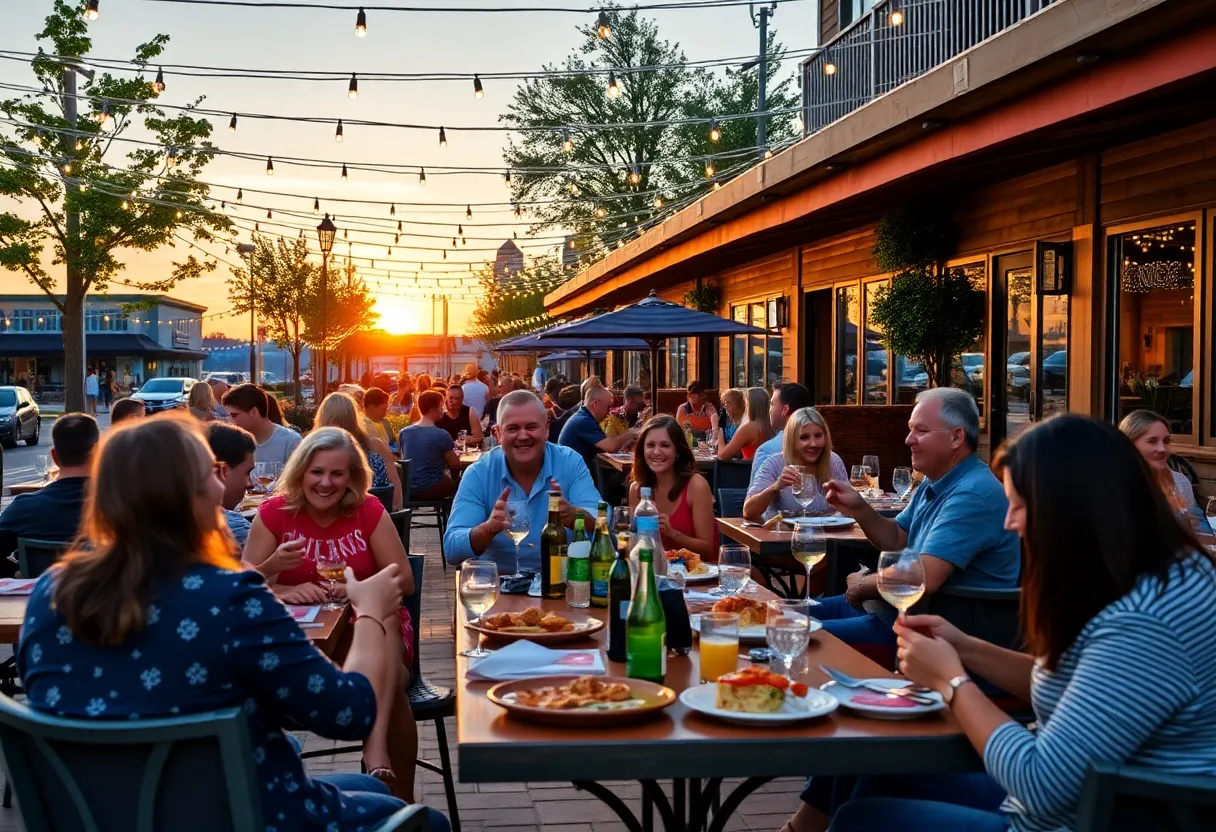 Outdoor dining in Newport, Rhode Island, with families enjoying meals