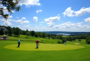 Rutgers men's golf team participating in a tournament at a scenic golf course