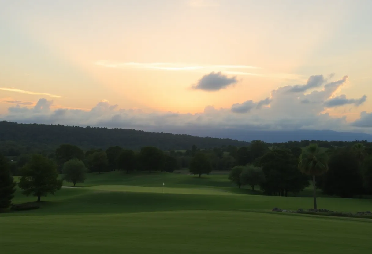 A serene sunset casts a warm glow over a golf course, symbolizing love and community.