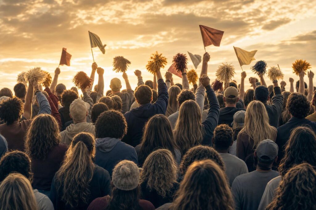 Stadium crowd cheering under a golden sky
