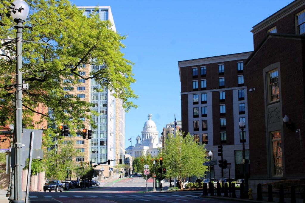 Rhode Island State House dome seen from a downtown park